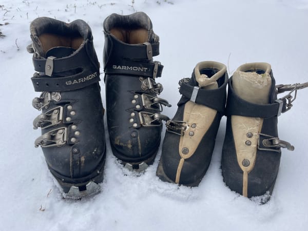 Ye Olde Ski Gear Leather Boots and Unadorned Skis